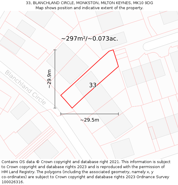 33, BLANCHLAND CIRCLE, MONKSTON, MILTON KEYNES, MK10 9DG: Plot and title map