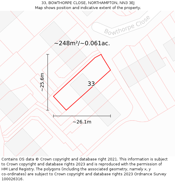 33, BOWTHORPE CLOSE, NORTHAMPTON, NN3 3EJ: Plot and title map