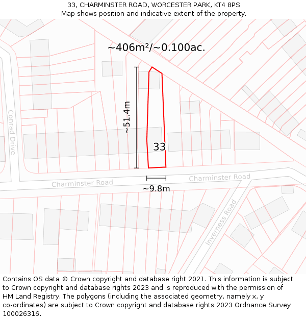 33, CHARMINSTER ROAD, WORCESTER PARK, KT4 8PS: Plot and title map
