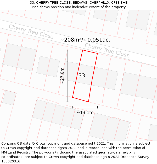 33, CHERRY TREE CLOSE, BEDWAS, CAERPHILLY, CF83 8HB: Plot and title map