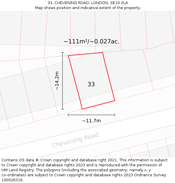 33, CHEVENING ROAD, LONDON, SE10 0LA: Plot and title map