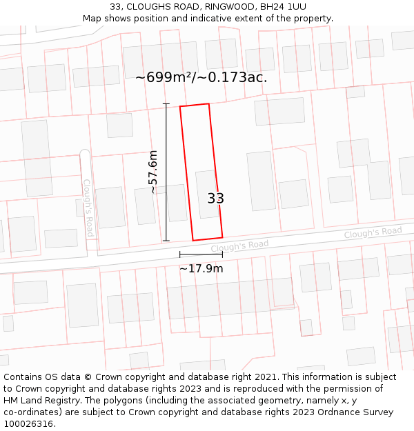 33, CLOUGHS ROAD, RINGWOOD, BH24 1UU: Plot and title map