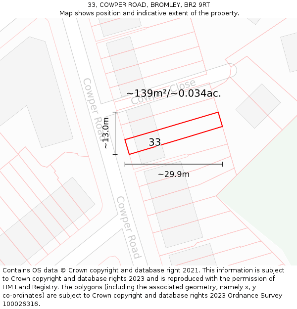 33, COWPER ROAD, BROMLEY, BR2 9RT: Plot and title map