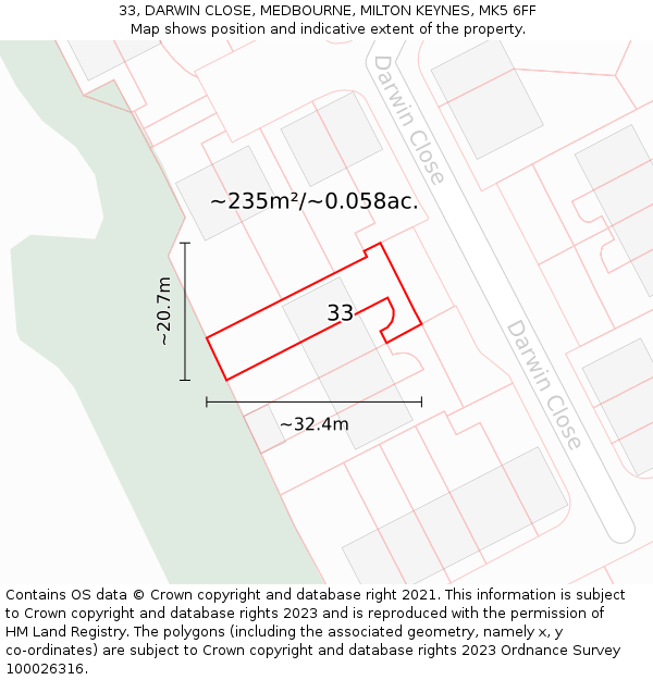 33, DARWIN CLOSE, MEDBOURNE, MILTON KEYNES, MK5 6FF: Plot and title map