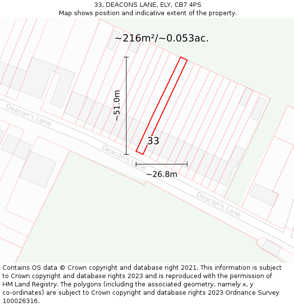 33, DEACONS LANE, ELY, CB7 4PS: Plot and title map