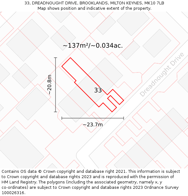 33, DREADNOUGHT DRIVE, BROOKLANDS, MILTON KEYNES, MK10 7LB: Plot and title map