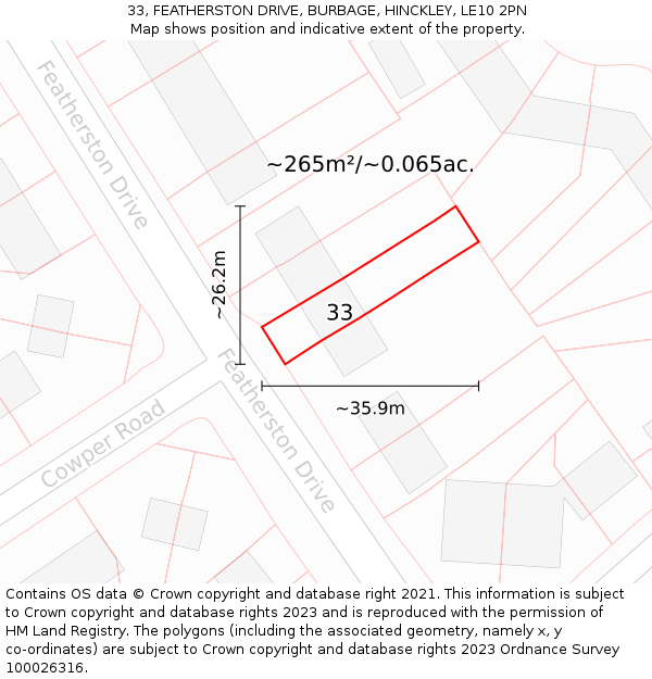 33, FEATHERSTON DRIVE, BURBAGE, HINCKLEY, LE10 2PN: Plot and title map