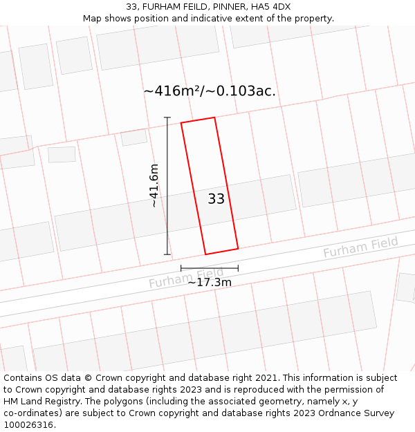 33, FURHAM FEILD, PINNER, HA5 4DX: Plot and title map