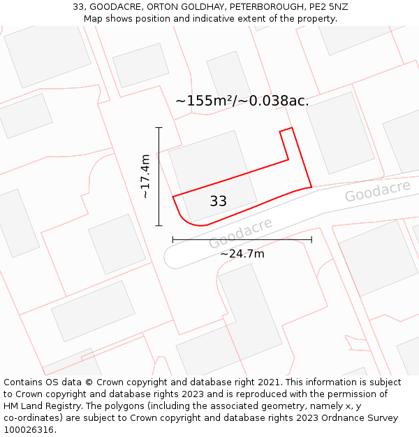 33, GOODACRE, ORTON GOLDHAY, PETERBOROUGH, PE2 5NZ: Plot and title map