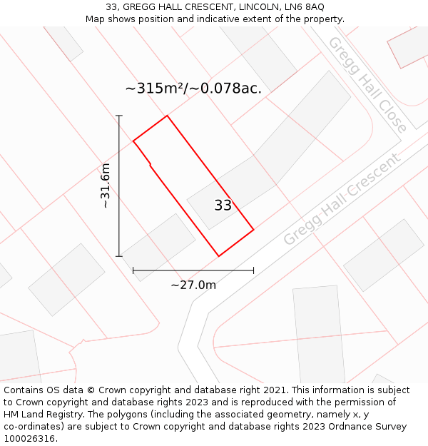 33, GREGG HALL CRESCENT, LINCOLN, LN6 8AQ: Plot and title map