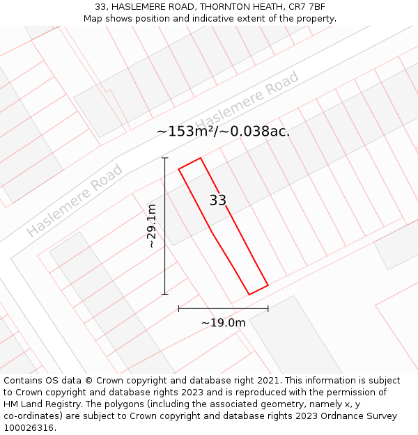 33, HASLEMERE ROAD, THORNTON HEATH, CR7 7BF: Plot and title map
