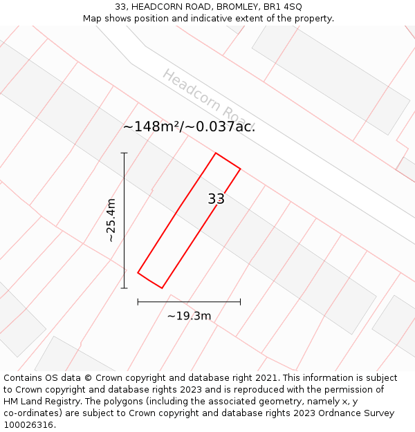 33, HEADCORN ROAD, BROMLEY, BR1 4SQ: Plot and title map