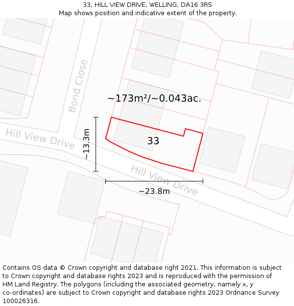 33, HILL VIEW DRIVE, WELLING, DA16 3RS: Plot and title map