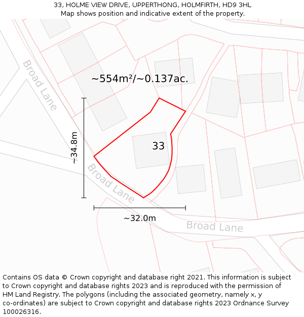 33, HOLME VIEW DRIVE, UPPERTHONG, HOLMFIRTH, HD9 3HL: Plot and title map