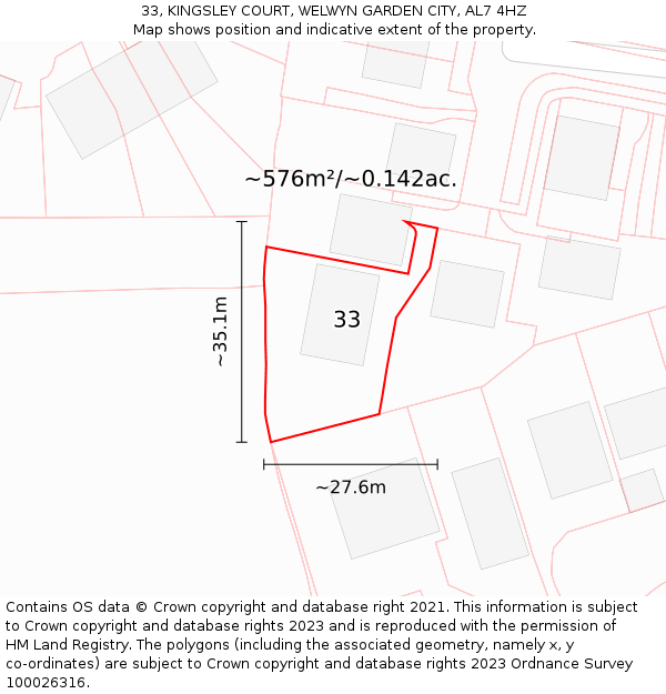33, KINGSLEY COURT, WELWYN GARDEN CITY, AL7 4HZ: Plot and title map