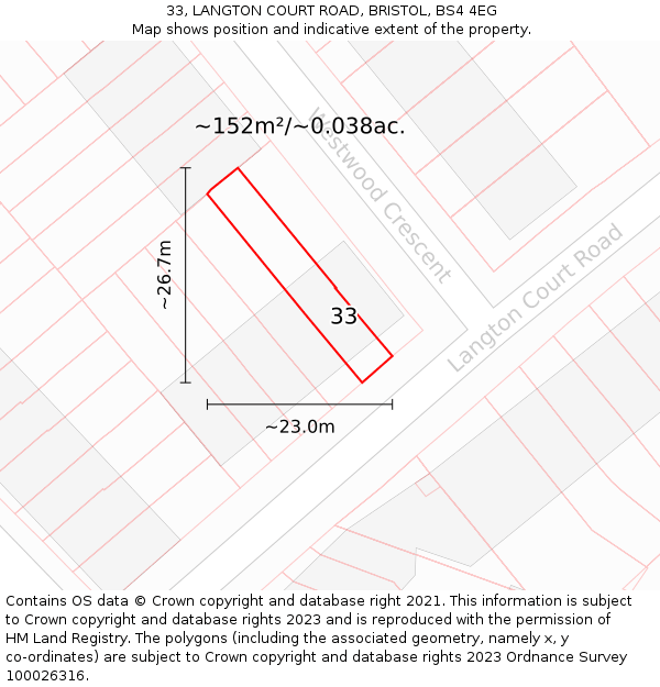 33, LANGTON COURT ROAD, BRISTOL, BS4 4EG: Plot and title map