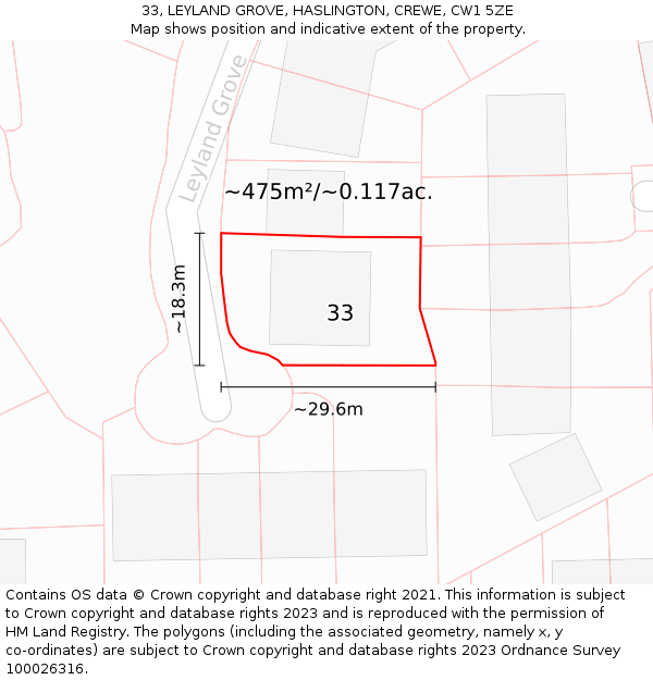 33, LEYLAND GROVE, HASLINGTON, CREWE, CW1 5ZE: Plot and title map