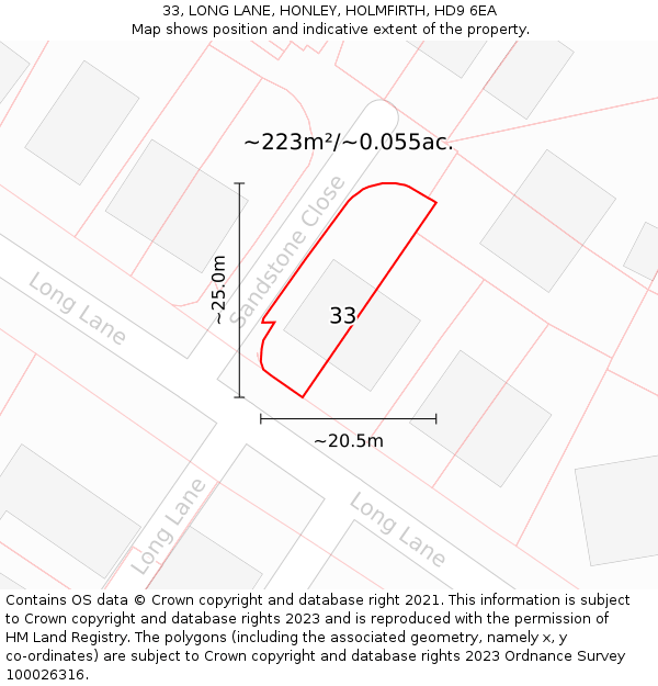 33, LONG LANE, HONLEY, HOLMFIRTH, HD9 6EA: Plot and title map