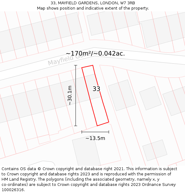33, MAYFIELD GARDENS, LONDON, W7 3RB: Plot and title map