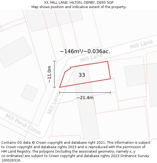 33, MILL LANE, HILTON, DERBY, DE65 5GP: Plot and title map