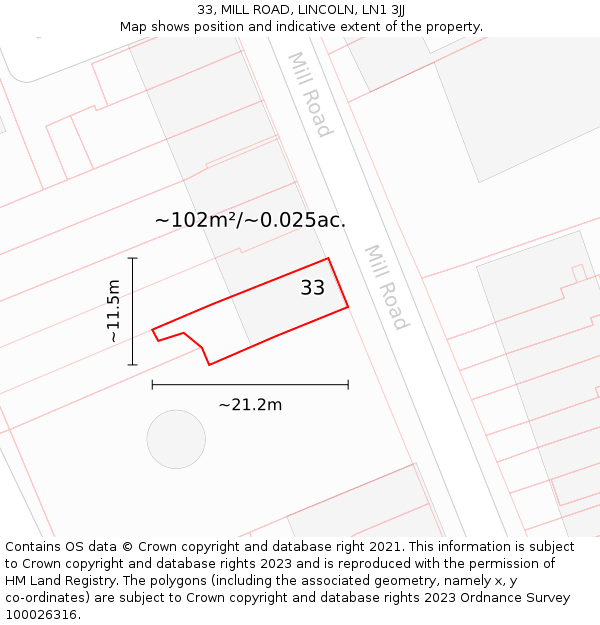 33, MILL ROAD, LINCOLN, LN1 3JJ: Plot and title map