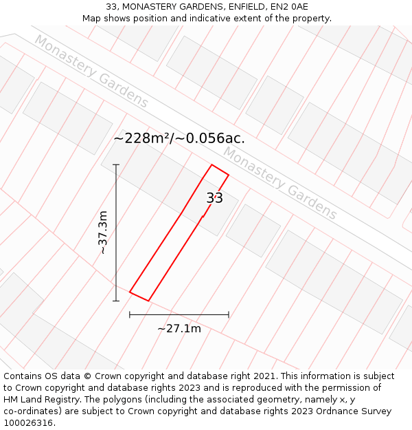 33, MONASTERY GARDENS, ENFIELD, EN2 0AE: Plot and title map