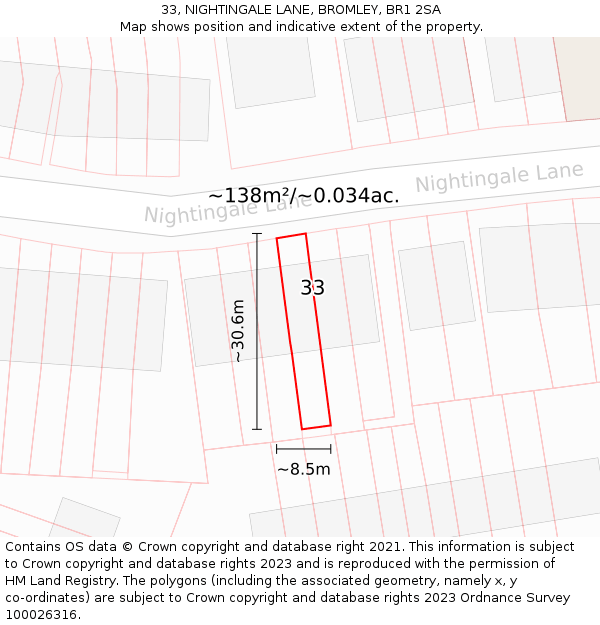 33, NIGHTINGALE LANE, BROMLEY, BR1 2SA: Plot and title map