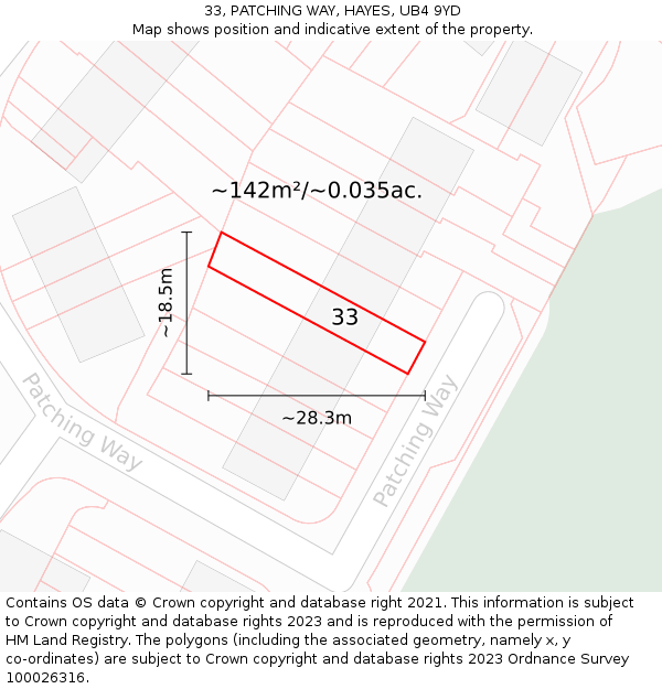 33, PATCHING WAY, HAYES, UB4 9YD: Plot and title map