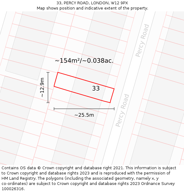 33, PERCY ROAD, LONDON, W12 9PX: Plot and title map