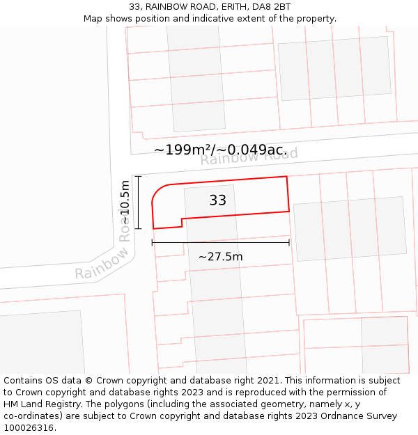 33, RAINBOW ROAD, ERITH, DA8 2BT: Plot and title map