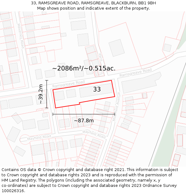33, RAMSGREAVE ROAD, RAMSGREAVE, BLACKBURN, BB1 9BH: Plot and title map