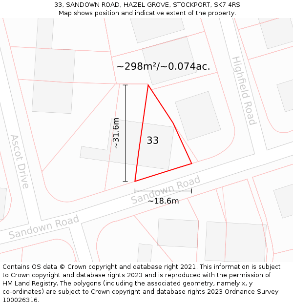 33, SANDOWN ROAD, HAZEL GROVE, STOCKPORT, SK7 4RS: Plot and title map