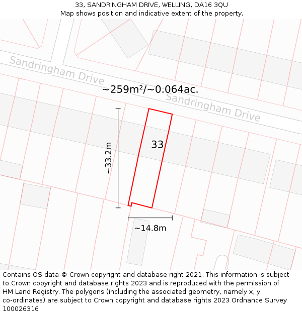 33, SANDRINGHAM DRIVE, WELLING, DA16 3QU: Plot and title map