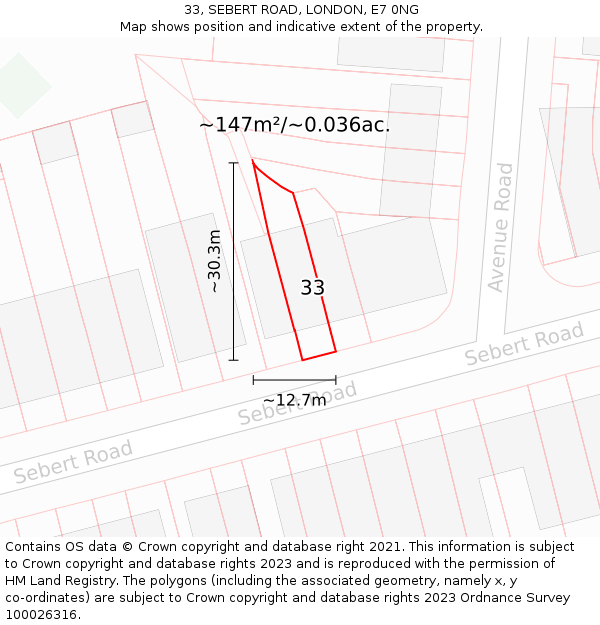 33, SEBERT ROAD, LONDON, E7 0NG: Plot and title map