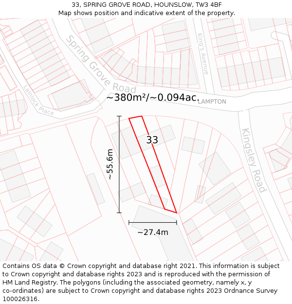 33, SPRING GROVE ROAD, HOUNSLOW, TW3 4BF: Plot and title map