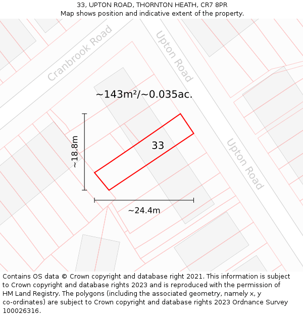 33, UPTON ROAD, THORNTON HEATH, CR7 8PR: Plot and title map