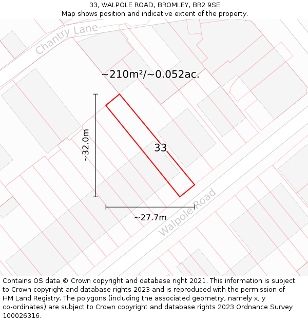 33, WALPOLE ROAD, BROMLEY, BR2 9SE: Plot and title map