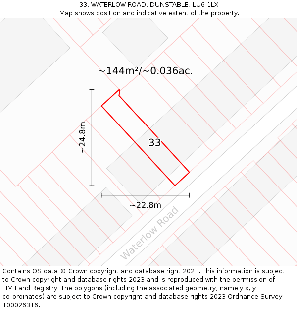 33, WATERLOW ROAD, DUNSTABLE, LU6 1LX: Plot and title map