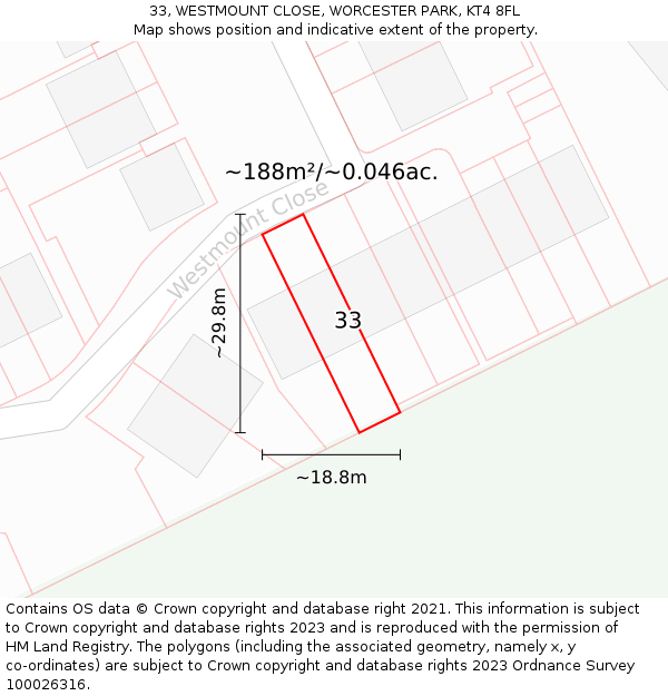 33, WESTMOUNT CLOSE, WORCESTER PARK, KT4 8FL: Plot and title map