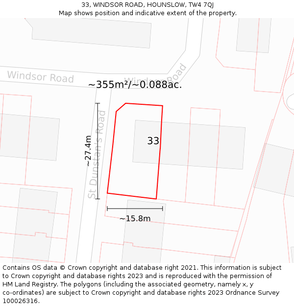 33, WINDSOR ROAD, HOUNSLOW, TW4 7QJ: Plot and title map