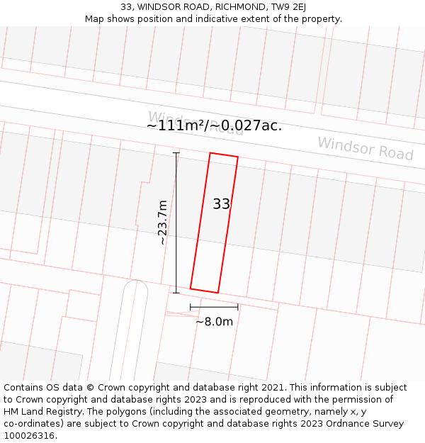 33, WINDSOR ROAD, RICHMOND, TW9 2EJ: Plot and title map