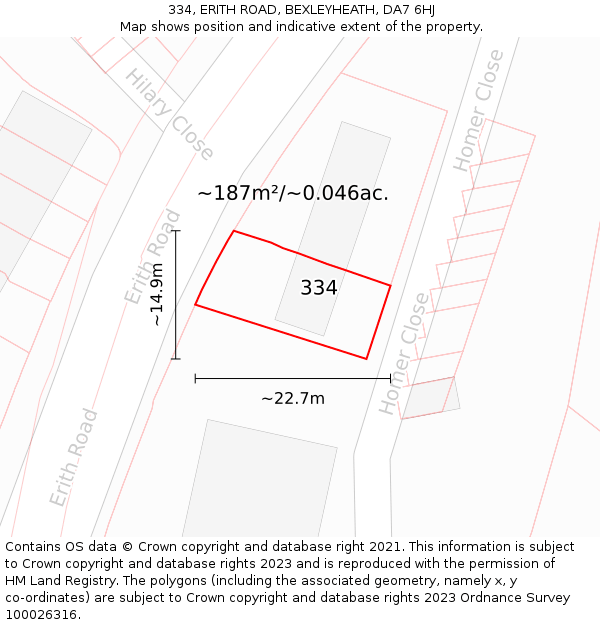 334, ERITH ROAD, BEXLEYHEATH, DA7 6HJ: Plot and title map