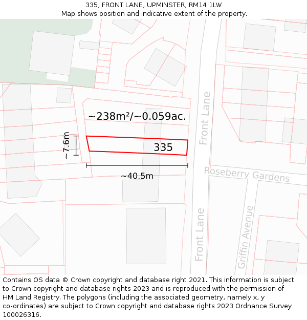 335, FRONT LANE, UPMINSTER, RM14 1LW: Plot and title map