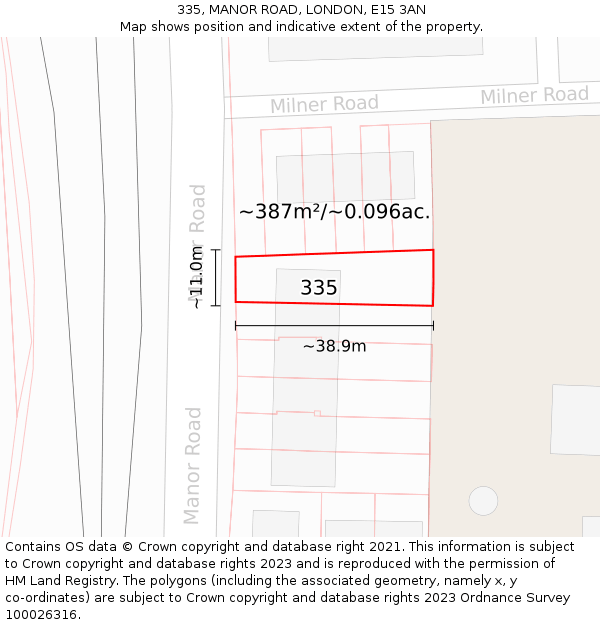 335, MANOR ROAD, LONDON, E15 3AN: Plot and title map