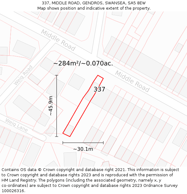 337, MIDDLE ROAD, GENDROS, SWANSEA, SA5 8EW: Plot and title map