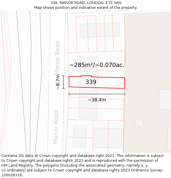 339, MANOR ROAD, LONDON, E15 3AN: Plot and title map