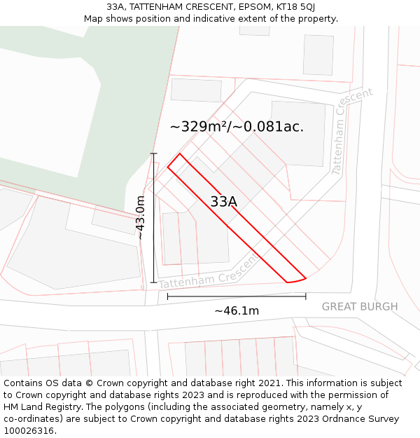 33A, TATTENHAM CRESCENT, EPSOM, KT18 5QJ: Plot and title map