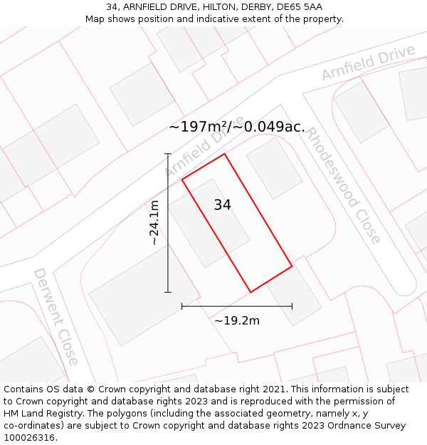34, ARNFIELD DRIVE, HILTON, DERBY, DE65 5AA: Plot and title map