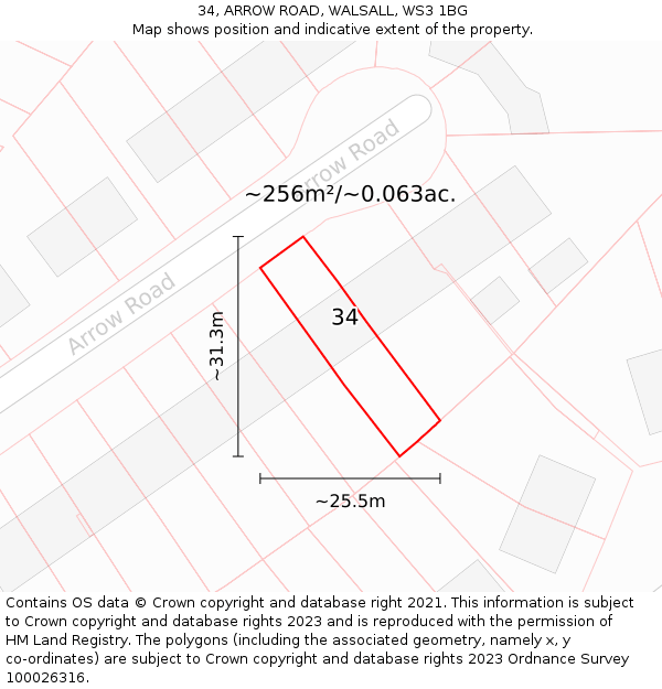 34, ARROW ROAD, WALSALL, WS3 1BG: Plot and title map