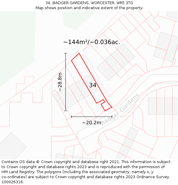 34, BADGER GARDENS, WORCESTER, WR5 3TG: Plot and title map